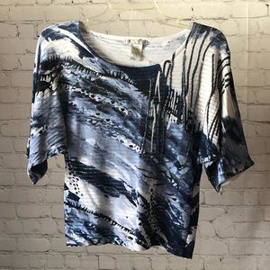 Alberto Makali blue and white abstract print shirt with beading. Size M petite.